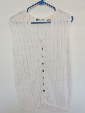 Vintage White Open-Knit V-Neck Button Front Sweater Vest
